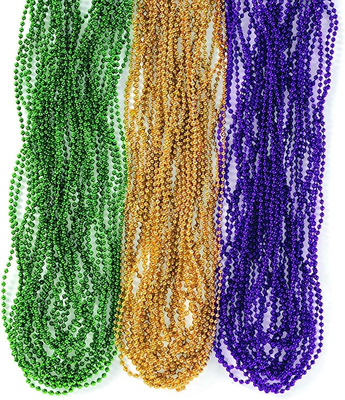 Bulk 72 Mardi Gras Beads Necklaces Purple Green Gold Beads, 33 Inches Long 7mm Thick, Tree Decoration, Party Favors Supplies, Costume Accessories, by 4E’s Novelty