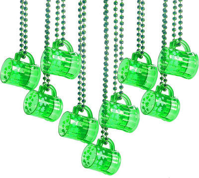 4E's Novelty St Patricks Day Beads Necklace With Shot Glasses Beer Mug Pack of 12 – Green Irish Gifts Party Favors Supplies, Costume Accessories (Transparent Green With Shamrock)