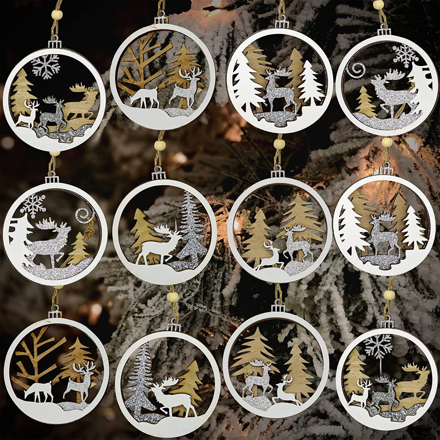 12 Pack Wooden Christmas Ornaments, 3D Reindeer Rustic Farmhouse Christmas Ornaments, Neutral Christmas Ornaments Set, Boho Winter Wonderland Holiday Decor by 4E's Novelty