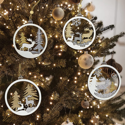 12 Pack Wooden Christmas Ornaments, 3D Reindeer Rustic Farmhouse Christmas Ornaments, Neutral Christmas Ornaments Set, Boho Winter Wonderland Holiday Decor by 4E's Novelty