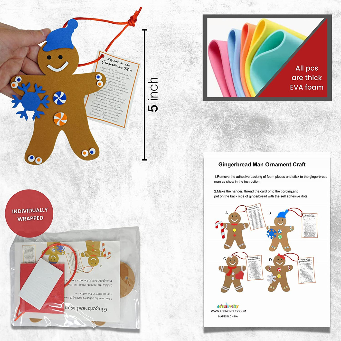 4E's Novelty Legend of Gingerbread Man Ornament Kids Craft (12 Pack) Bulk Foam Christmas Crafts for Kids Toddlers 2-4 4-8 Self Adhesive DIY Arts and Craft Kit
