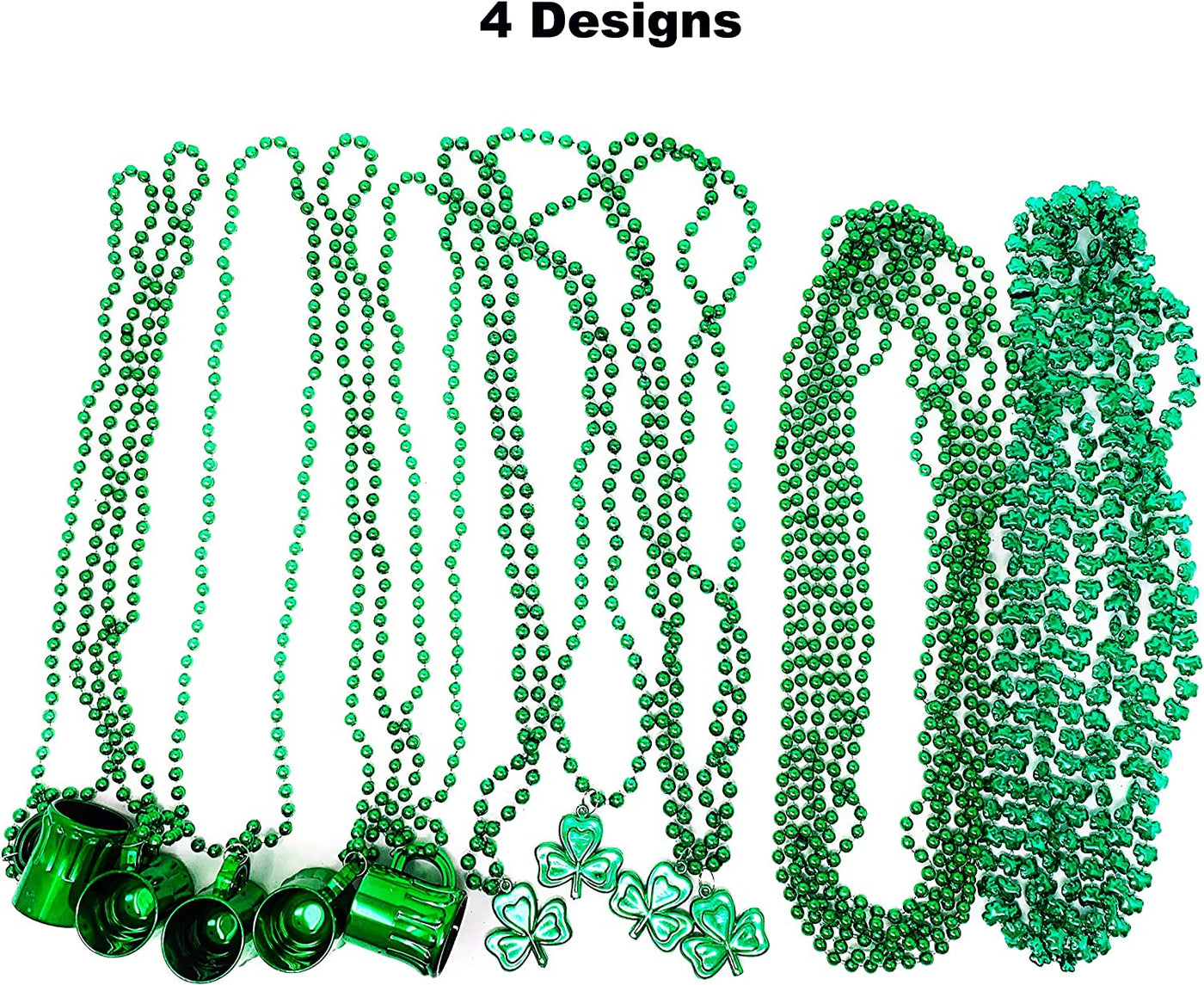 4E's Novelty St Patricks Day Beads Necklace Bulk (72 Pack) Green Shamrock Beads Shot Glass Assortment - St Patricks Day Gifts for Kids, 33" 8mm Irish Kids Party Favor Supplies Costume Accessories