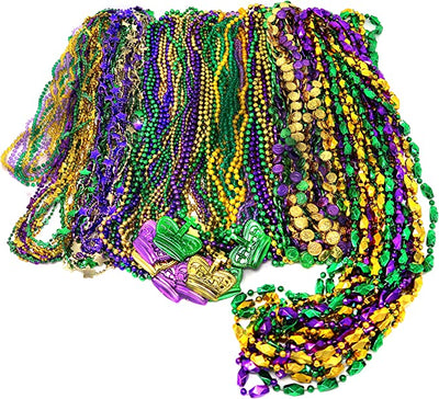 Bead Assortment Mardi Gras Beads Bulk (100 Pcs) Mardi Gras Decorations Beads Necklaces Metallic Purple Gold Green Assorted Unique Designs For Masquerade Costume Party Favors Supplies By 4E's Novelty
